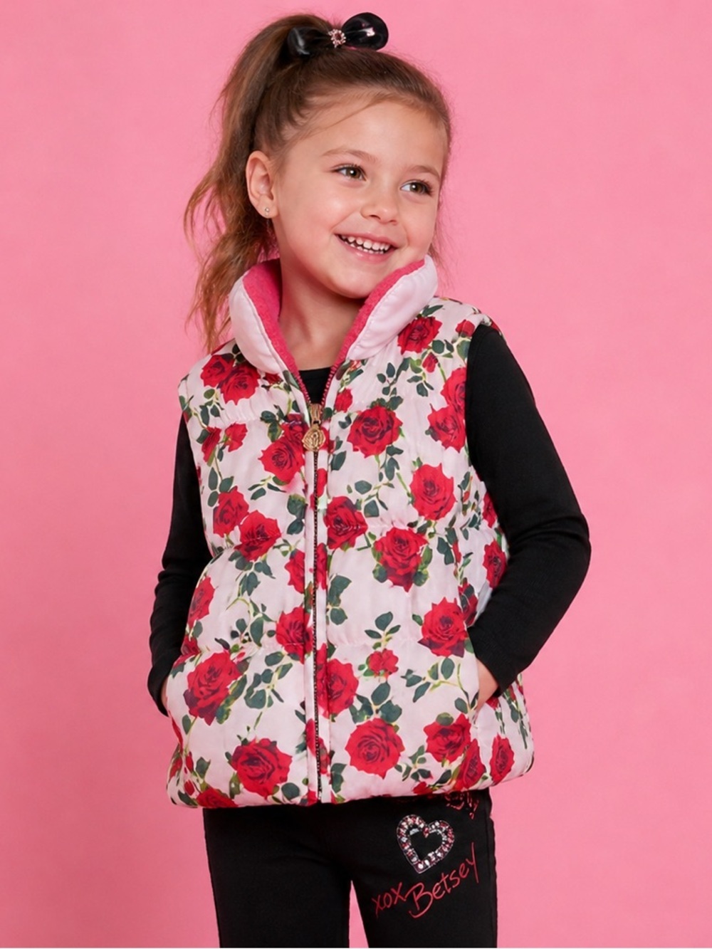 Betsey Johnson Girls 4T Floral Rose Print Puffer Vest Pink Winter Jacket